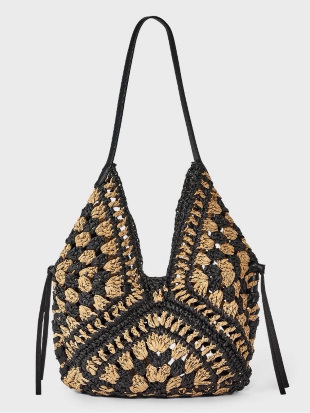 Universal Thread Crochet Straw Shoulder Bag Black Natural Tassel